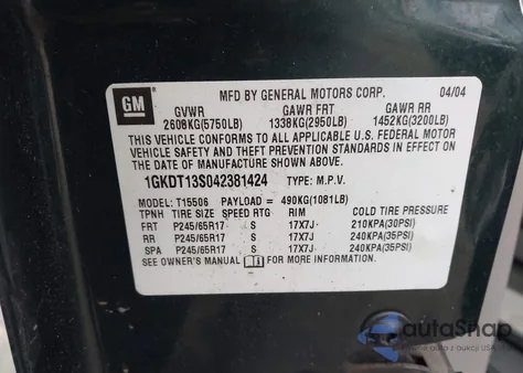 2004 GMC Envoy Sle from USA, damaged, VIN 1GKDT13S042381424